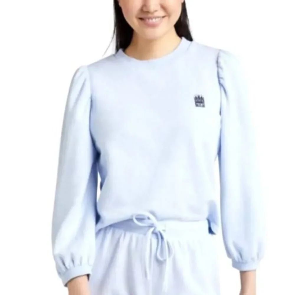 Hill House Teddy Puff Sleeve Pullover Sweatshirt in Blue Size XS